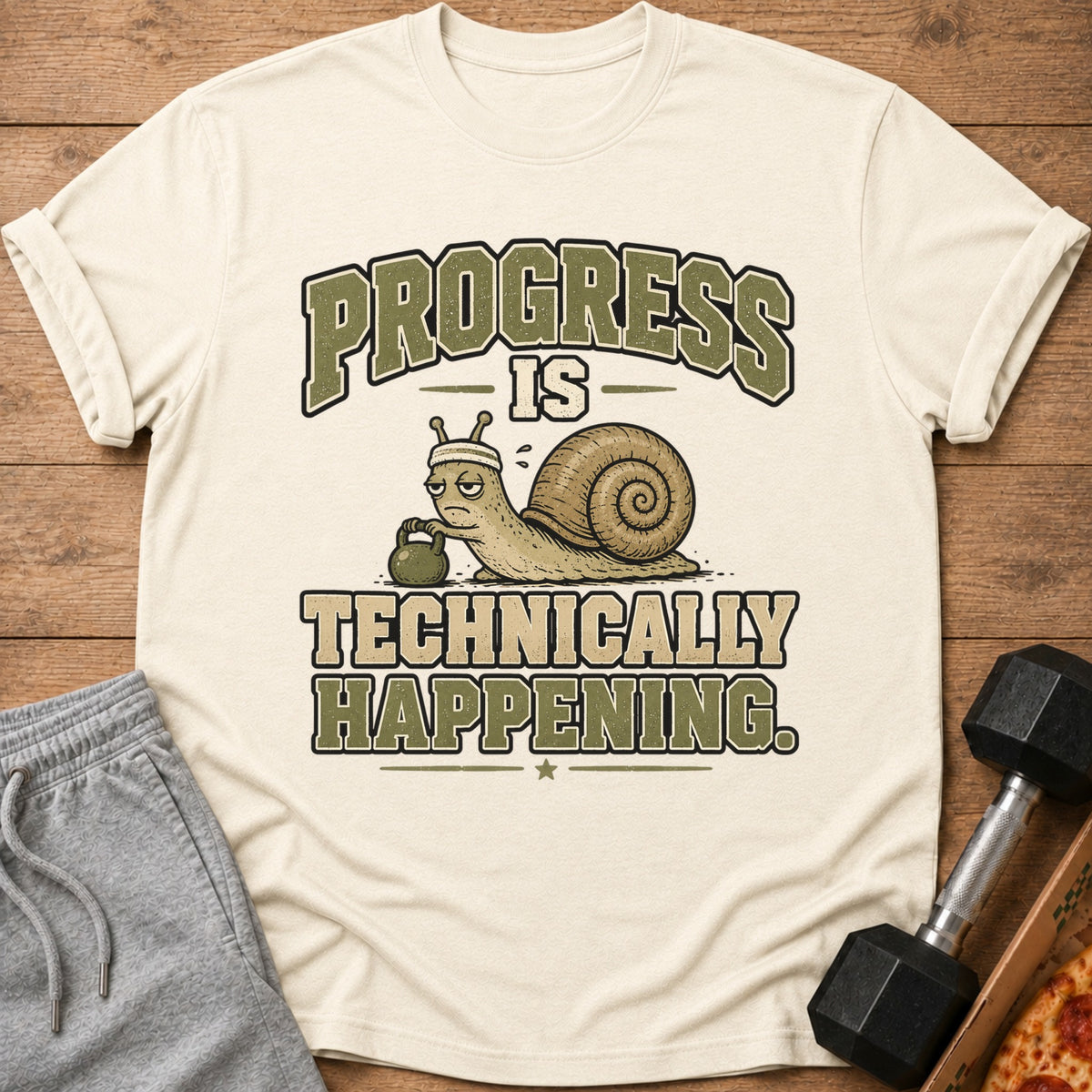 T-shirt with a snail lifting a weight and text "PROGRESS IS TECHNICALLY HAPPENING".