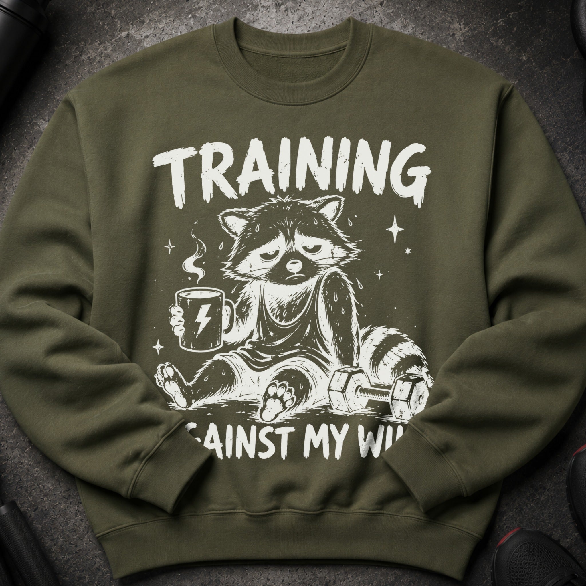 Green sweatshirt with raccoon, coffee, and dumbbells graphic: "TRAINING AGAINST MY WILL".