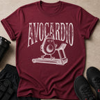 Maroon t-shirt with "AVOCARDIO" text and avocado character running on treadmill.