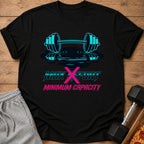 Black t-shirt with turquoise dumbbell and text "MAX X EFFORT MINIMUM CAPACITY"