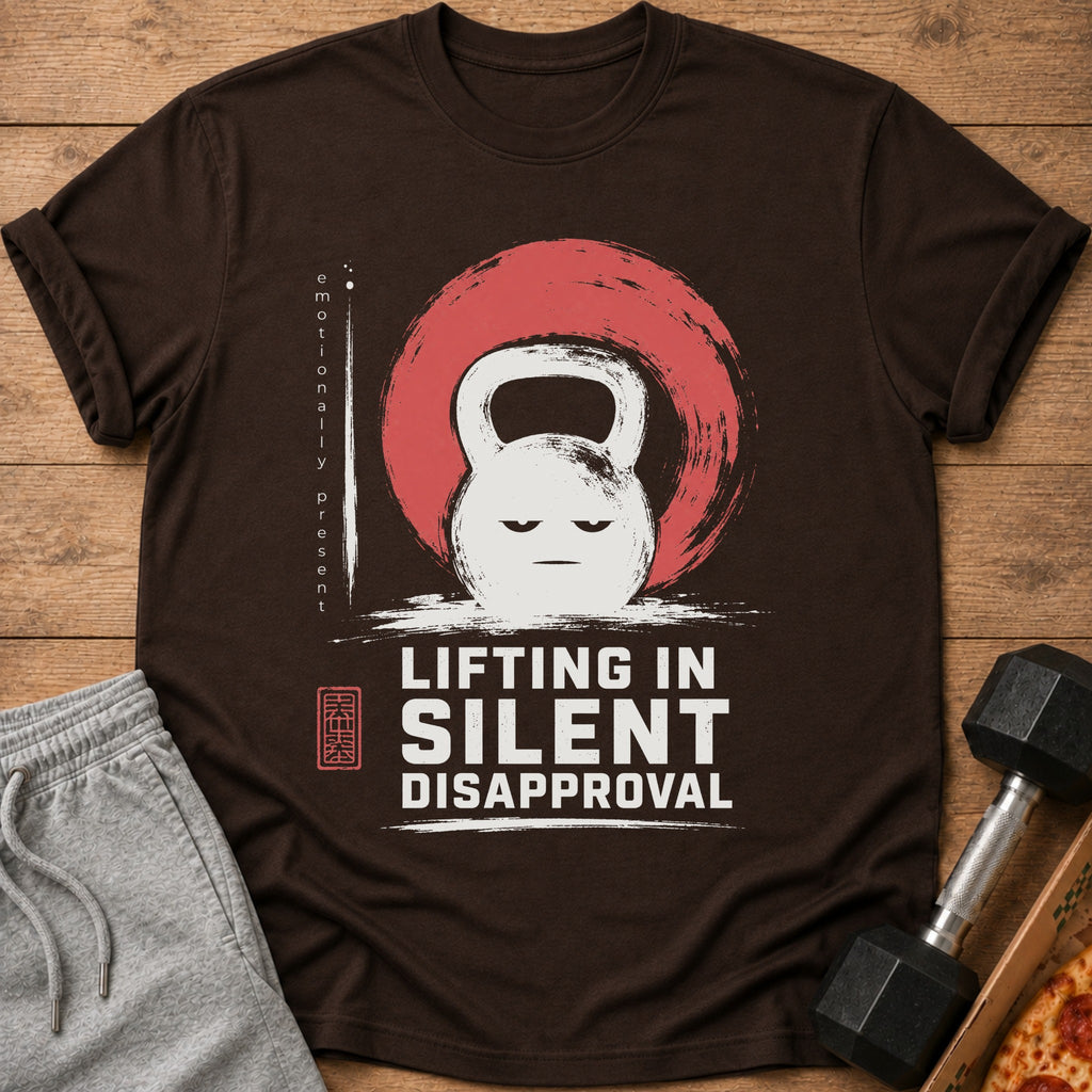 Brown t-shirt with a stern kettlebell graphic and the text "LIFTING IN SILENT DISAPPROVAL."
