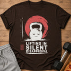 Brown t-shirt with a stern kettlebell graphic and the text "LIFTING IN SILENT DISAPPROVAL."