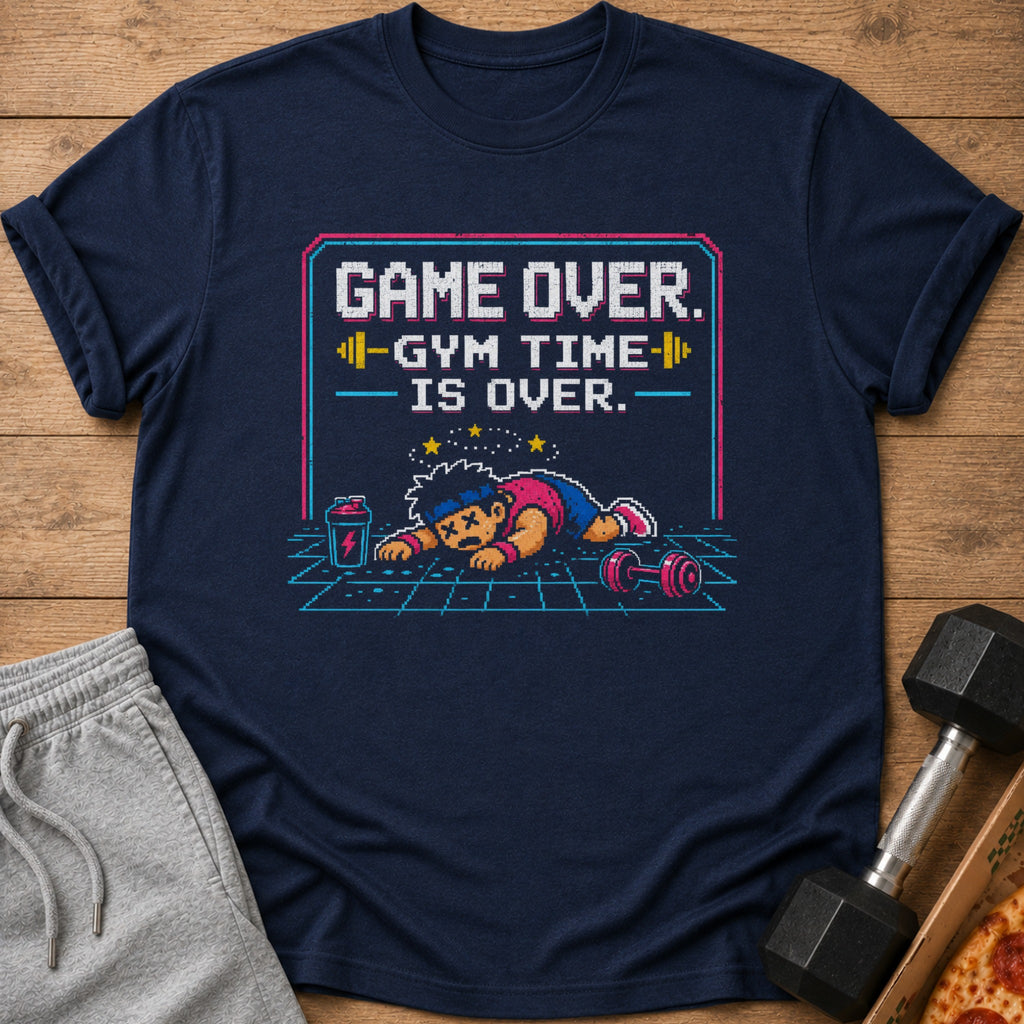 Navy t-shirt with pixelated "Game Over. Gym Time Is Over." text and cartoon man.