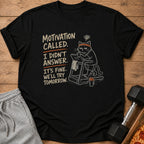 Black t-shirt with text and drawing of a cat on a treadmill.