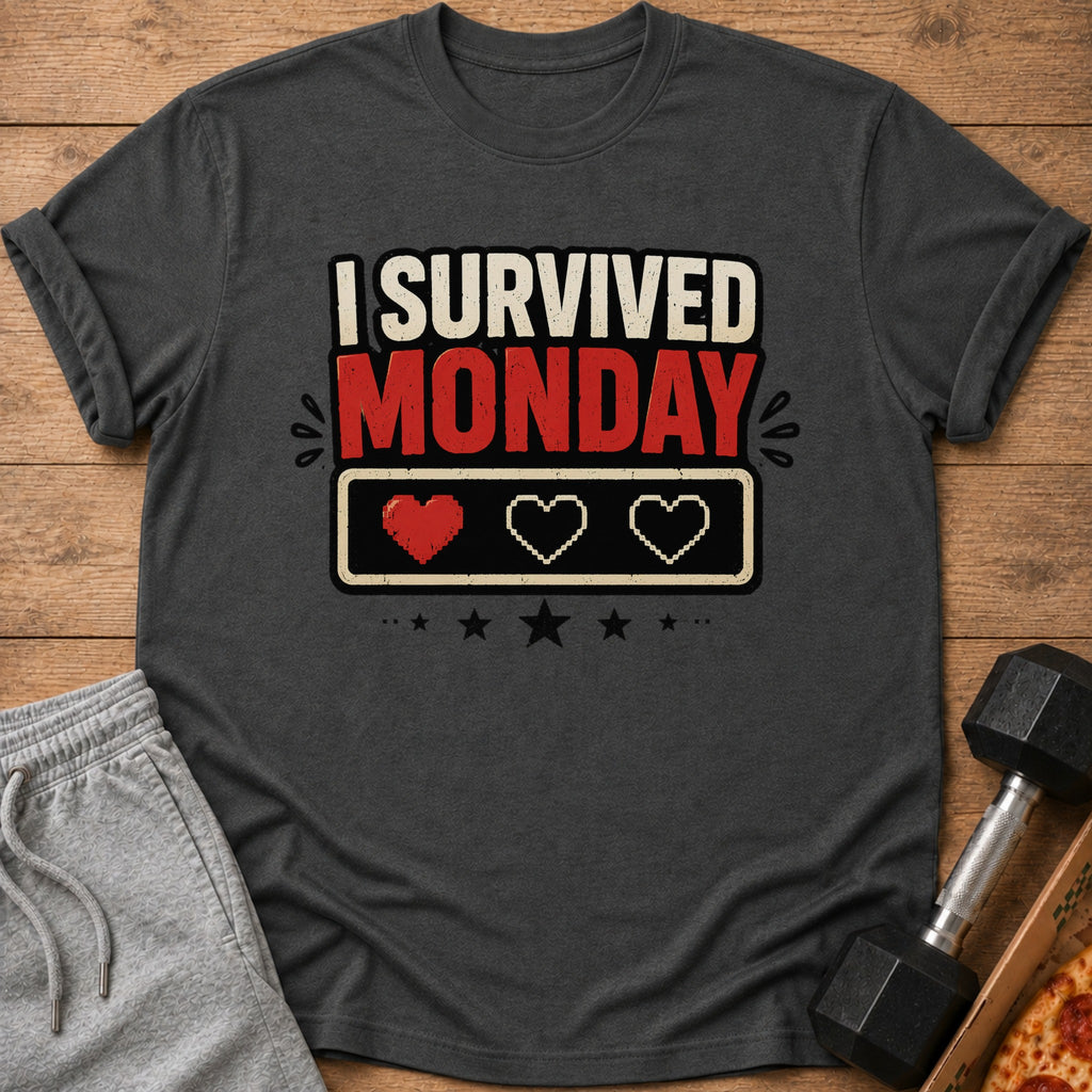 Dark grey t-shirt with "I SURVIVED MONDAY" and pixelated hearts graphic.