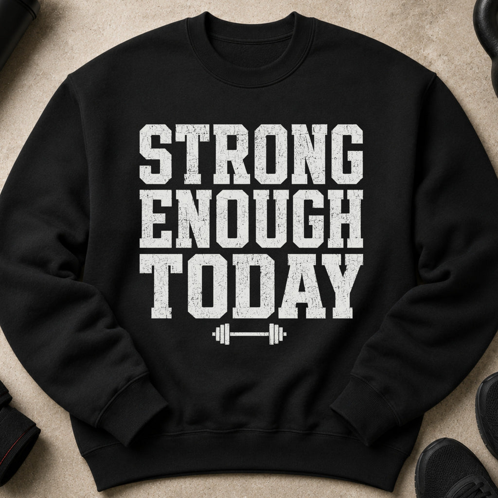Black sweatshirt with white text "STRONG ENOUGH TODAY" and barbell graphic.