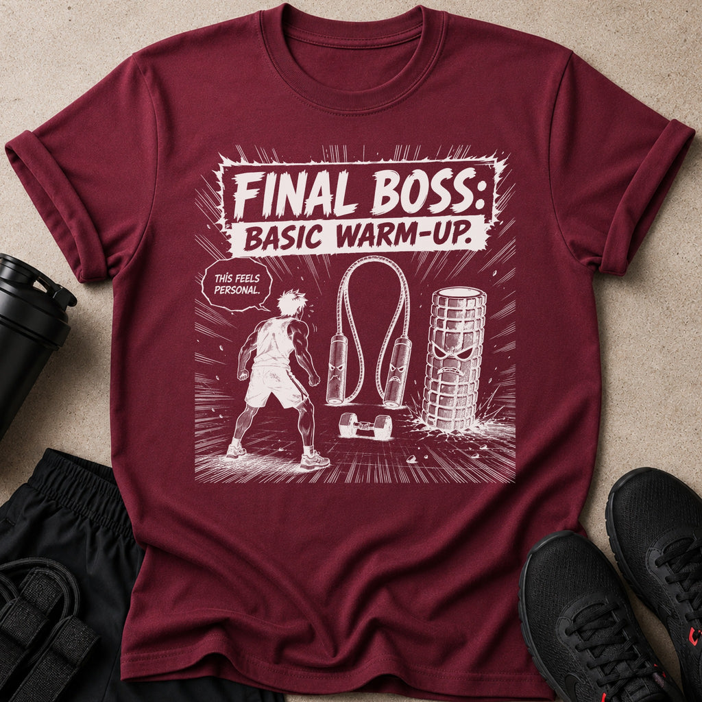 Maroon t-shirt with "FINAL BOSS: BASIC WARM-UP." graphic and workout imagery.