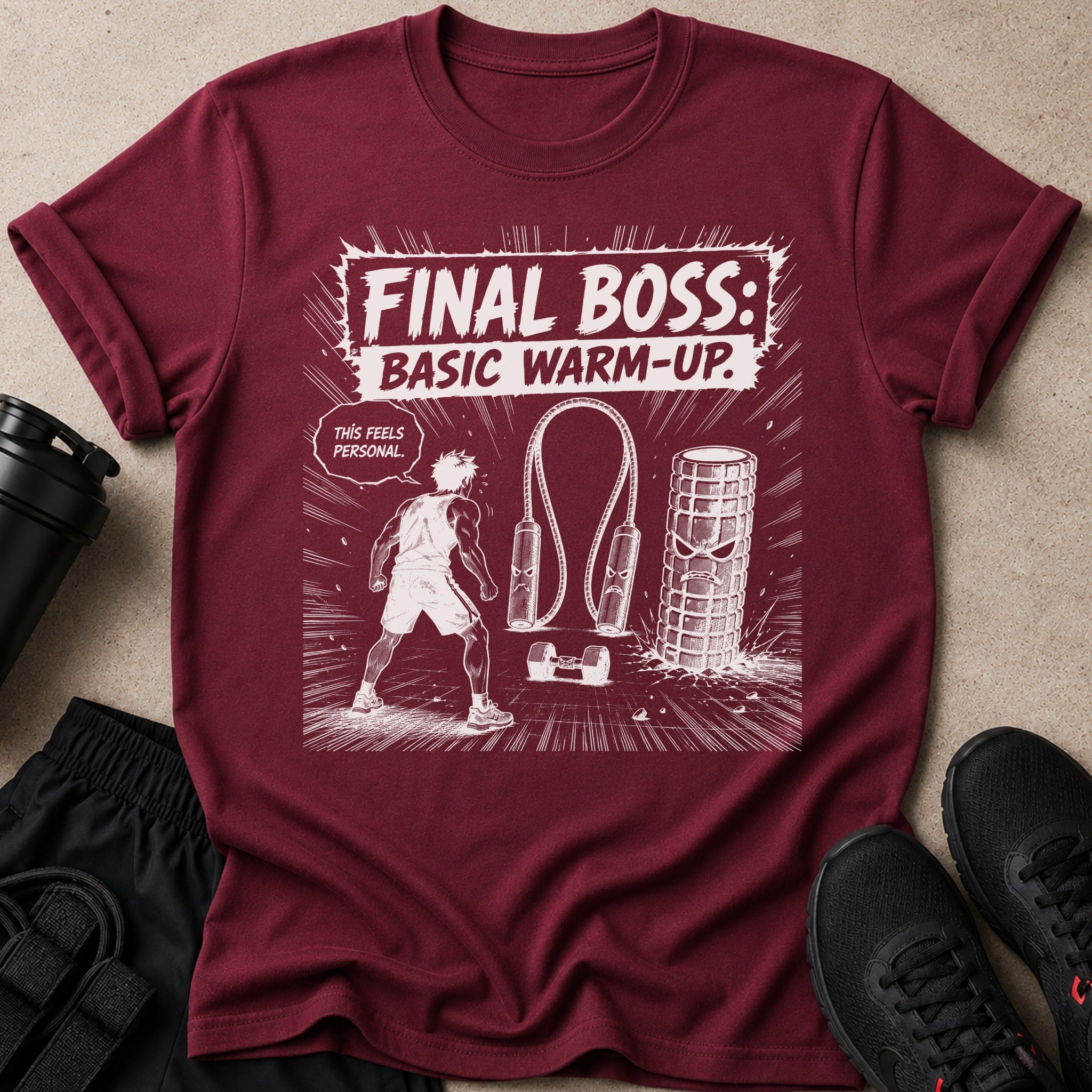 Maroon t-shirt with "FINAL BOSS: BASIC WARM-UP." graphic and workout imagery.