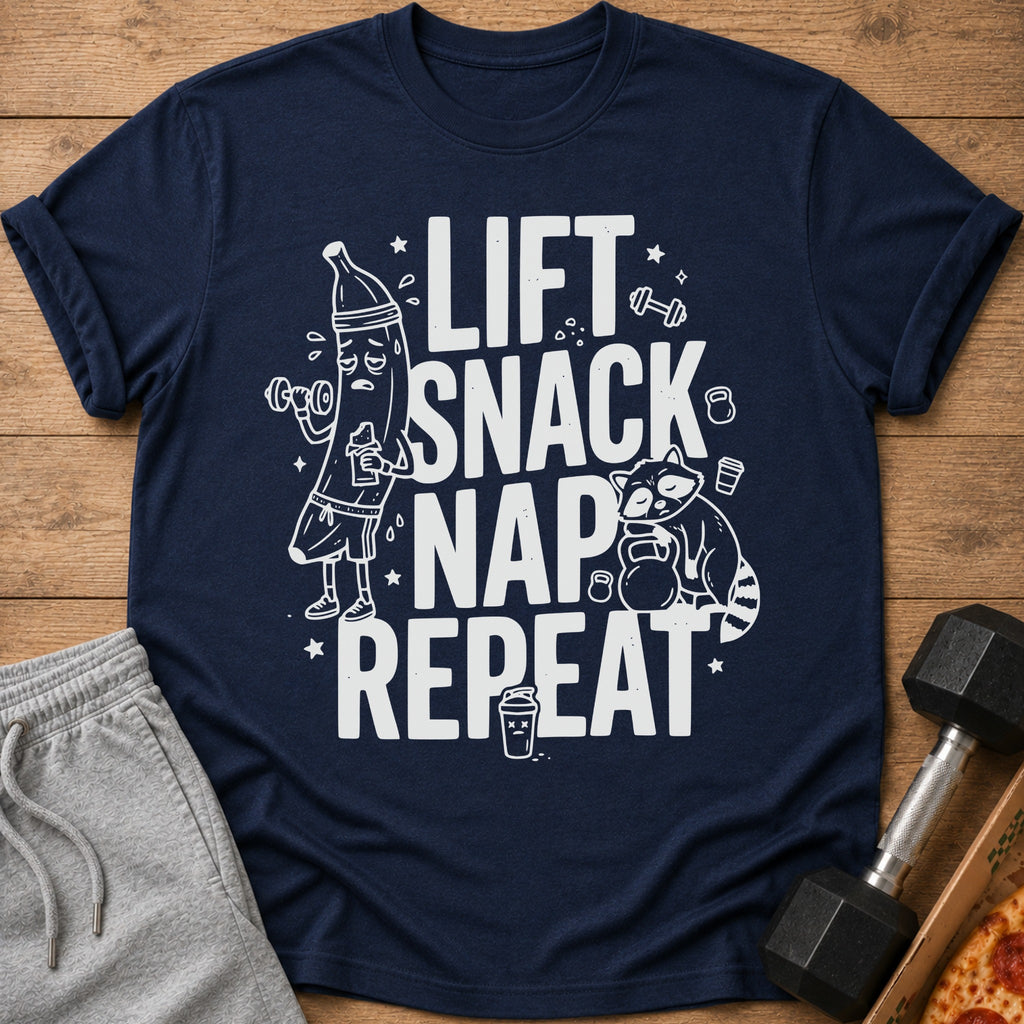 Navy t-shirt with "Lift Snack Nap Repeat" text, cartoon banana, and raccoon.