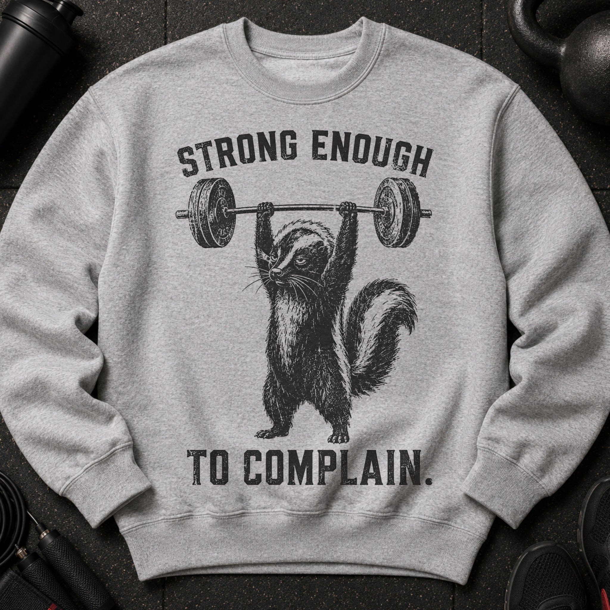 Grey sweatshirt with black graphic of skunk lifting barbell and text that says "STRONG ENOUGH TO COMPLAIN."