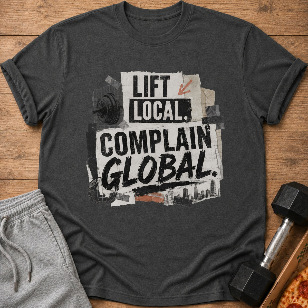 Dark gray t-shirt with "LIFT LOCAL. COMPLAIN GLOBAL." text and gym imagery.