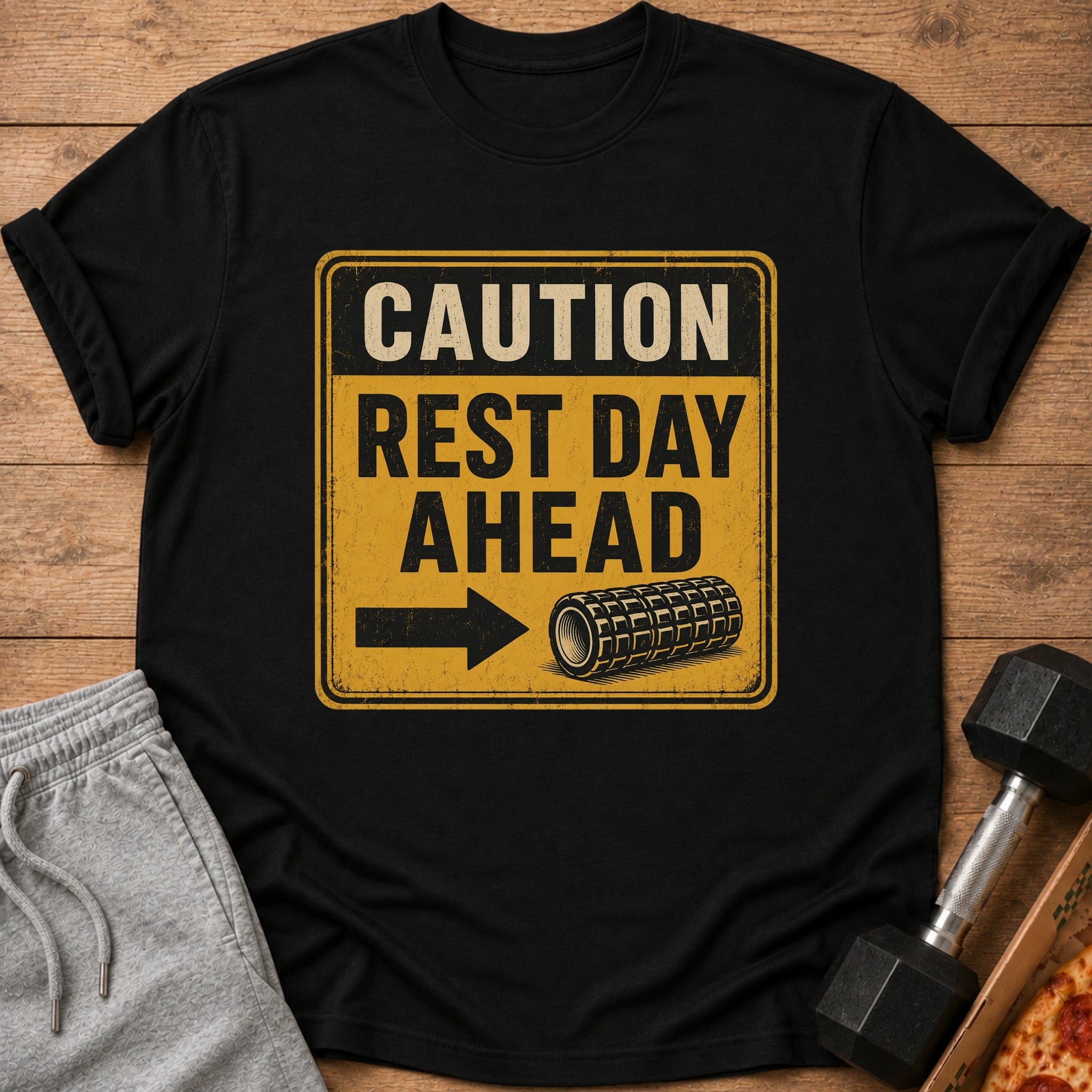 Black t-shirt with distressed yellow sign reading "CAUTION REST DAY AHEAD" and a foam roller icon.
