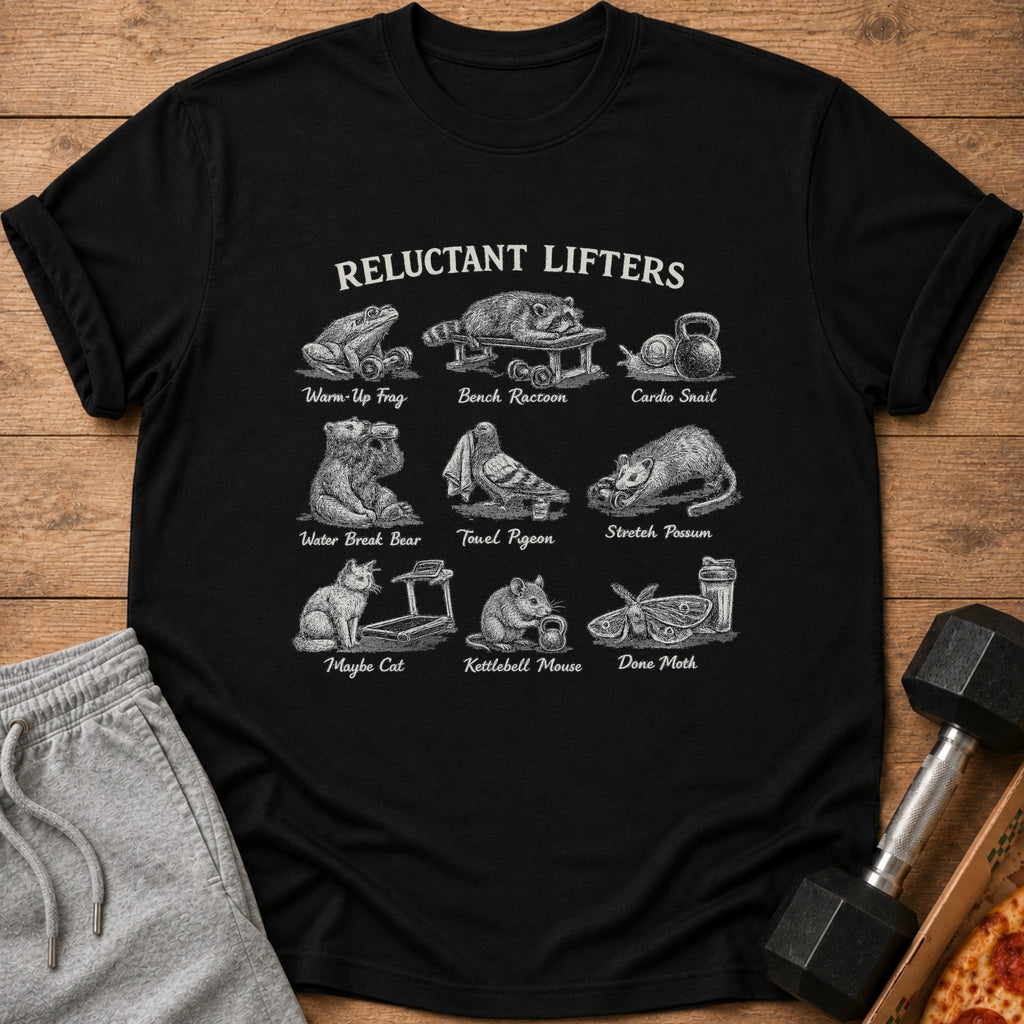 Black t-shirt with "Reluctant Lifters" text and nine humorous animal fitness illustrations.