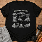 Black t-shirt with "Reluctant Lifters" text and nine humorous animal fitness illustrations.