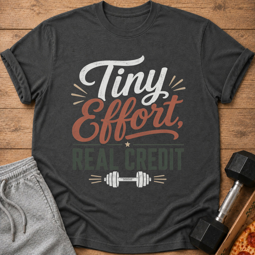 Dark gray t-shirt with "Tiny Effort, Real Credit" and dumbbell graphic.