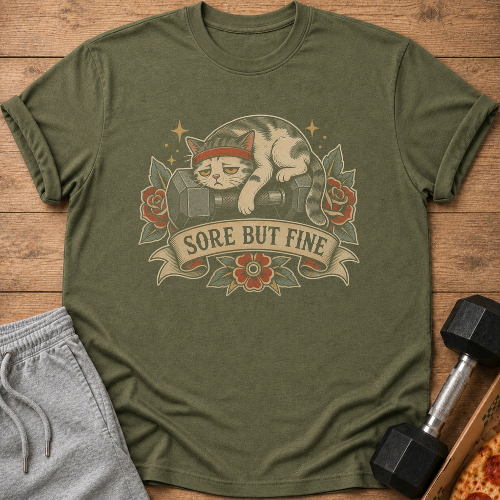 Green t-shirt with a distressed cat graphic and the text "Sore But Fine."