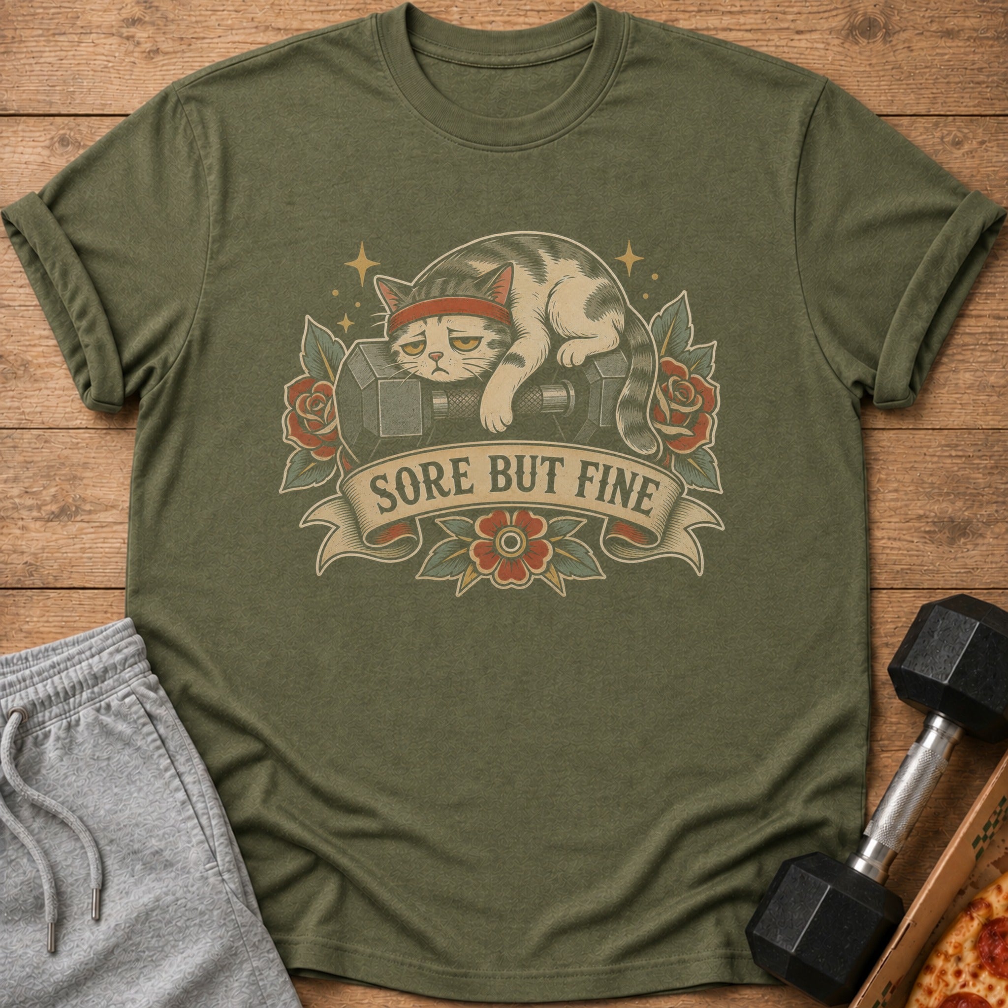 Green t-shirt with a distressed cat graphic and the text "Sore But Fine."