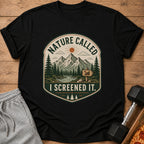 Black t-shirt with "Nature Called I Screened It" text and mountain scene graphic.