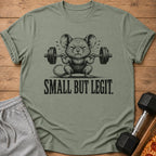 Green t-shirt with a mouse lifting weights and the text "SMALL BUT LEGIT."