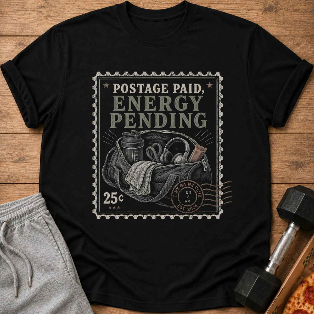 Black t-shirt with "Postage Paid, Energy Pending" stamp graphic including gym bag and 25 cents.