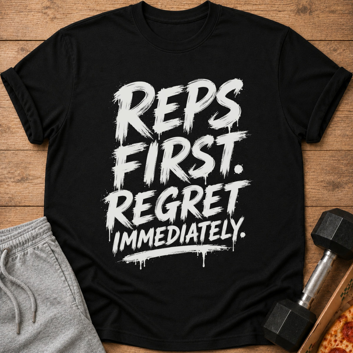 Black t-shirt with white text: REPS FIRST. REGRET IMMEDIATELY.