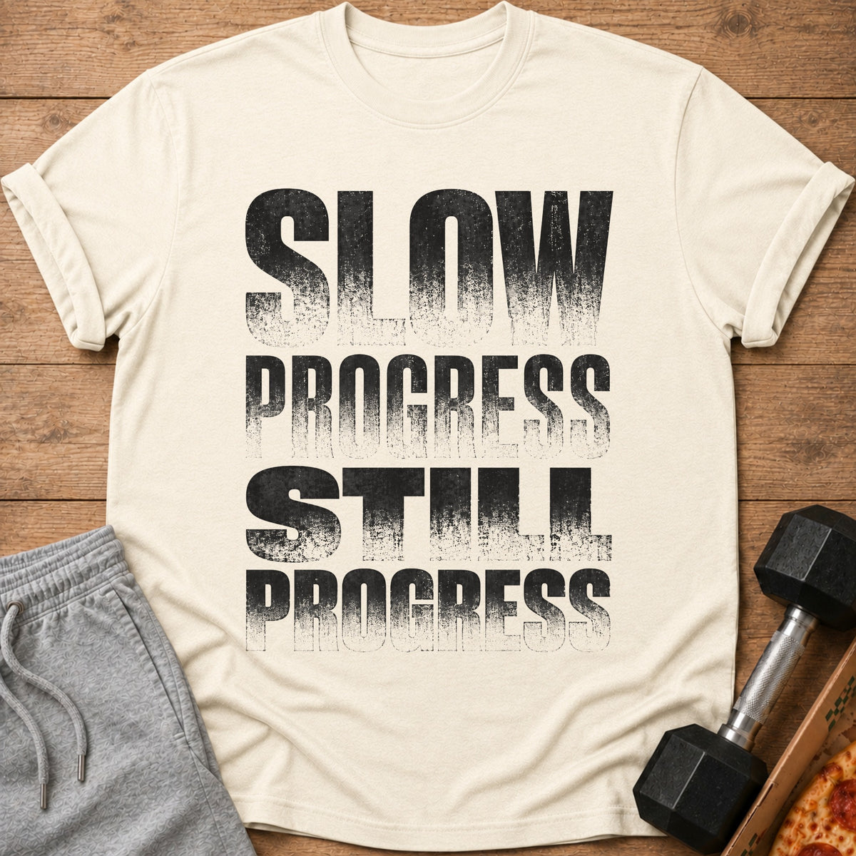 Cream t-shirt with distressed text reading "SLOW PROGRESS STILL PROGRESS".