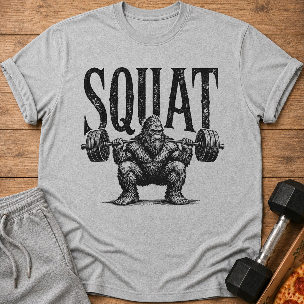 Bigfoot lifts a barbell on a grey t-shirt with the word "SQUAT" above.