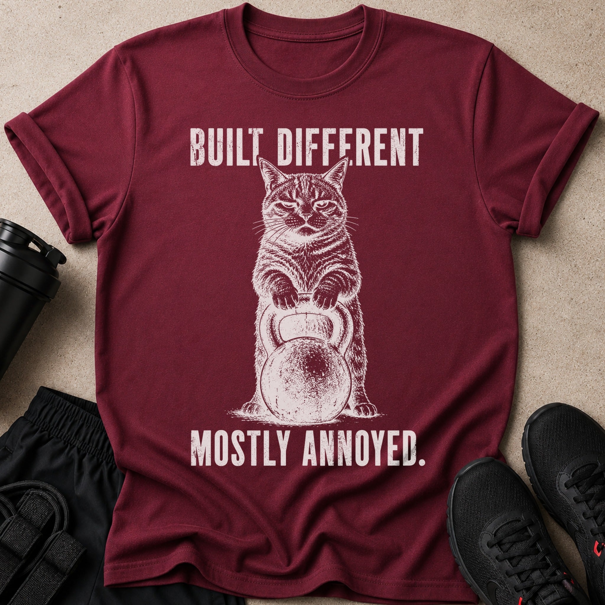 Maroon t-shirt with white text: "BUILT DIFFERENT" above a cat lifting a kettlebell, "MOSTLY ANNOYED."