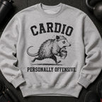 Grey sweatshirt with distressed print of a running opossum holding coffee, reading "CARDIO PERSONALLY OFFENSIVE."