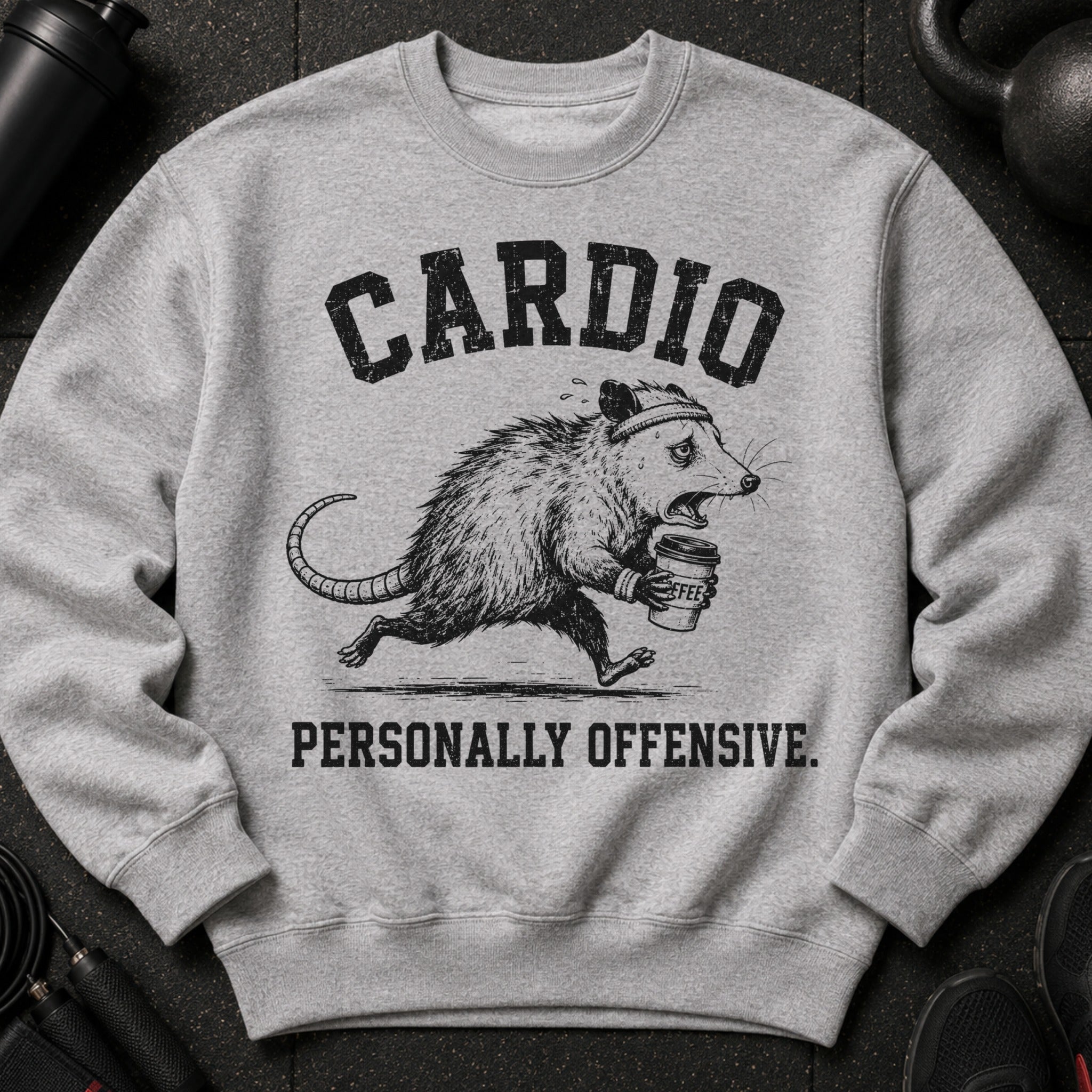 Grey sweatshirt with distressed print of a running opossum holding coffee, reading "CARDIO PERSONALLY OFFENSIVE."