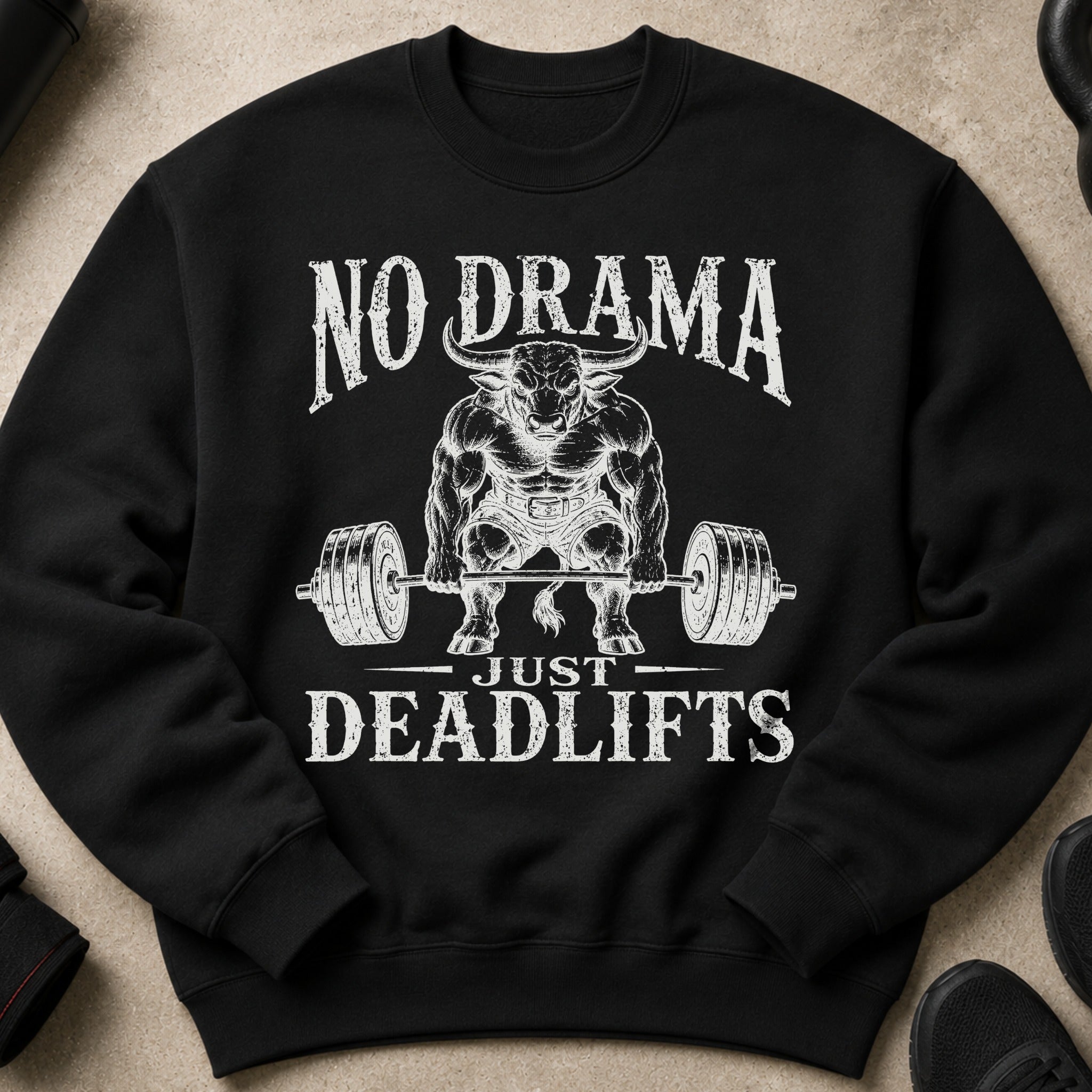 Black sweatshirt with a muscular bull graphic and text "NO DRAMA JUST DEADLIFTS".