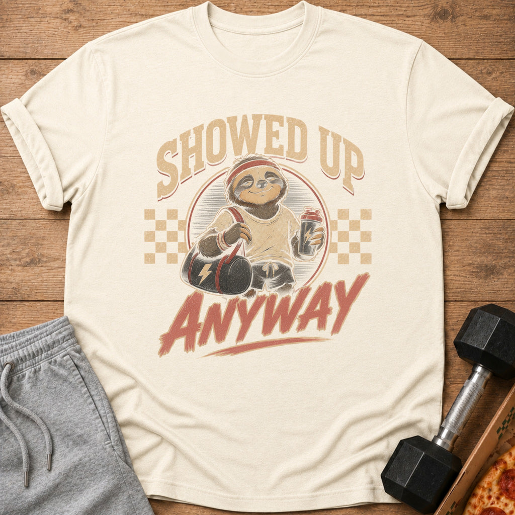 T-shirt with graphic of a sloth wearing a headband and holding a gym bag and shaker.