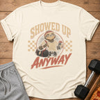 T-shirt with graphic of a sloth wearing a headband and holding a gym bag and shaker.