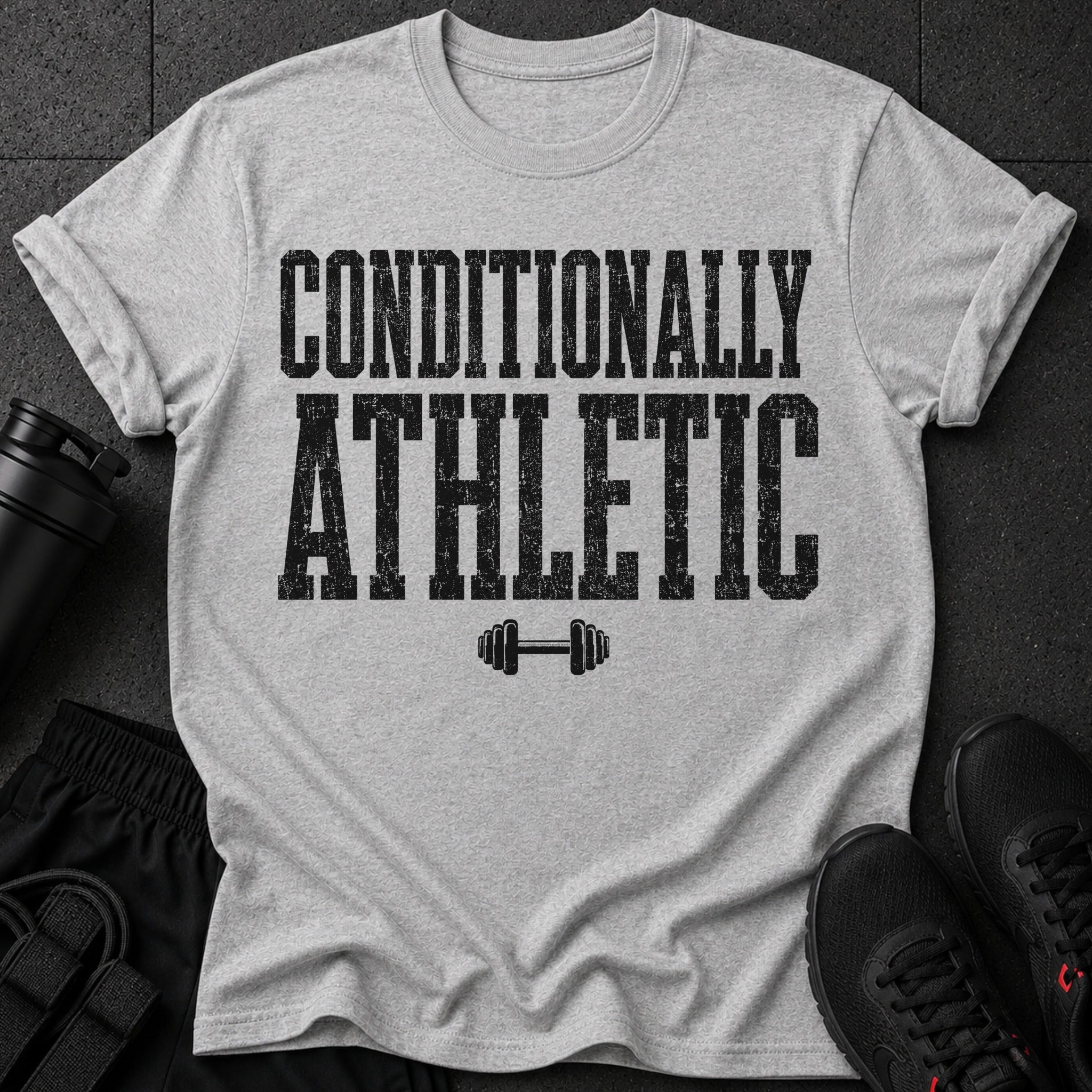 Grey t-shirt with black text "CONDITIONALLY ATHLETIC" and a barbell icon.