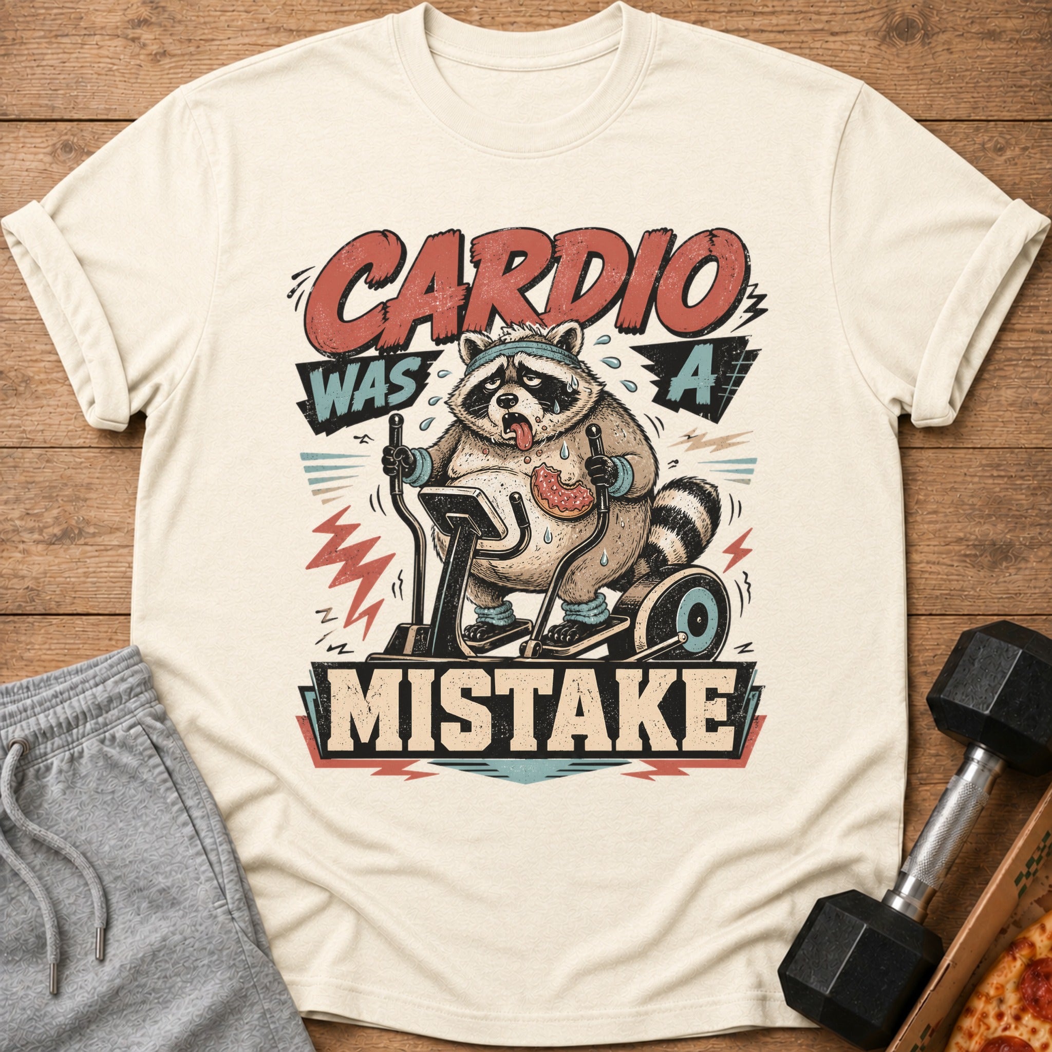 Cream t-shirt with raccoon on elliptical, reads "CARDIO WAS A MISTAKE."