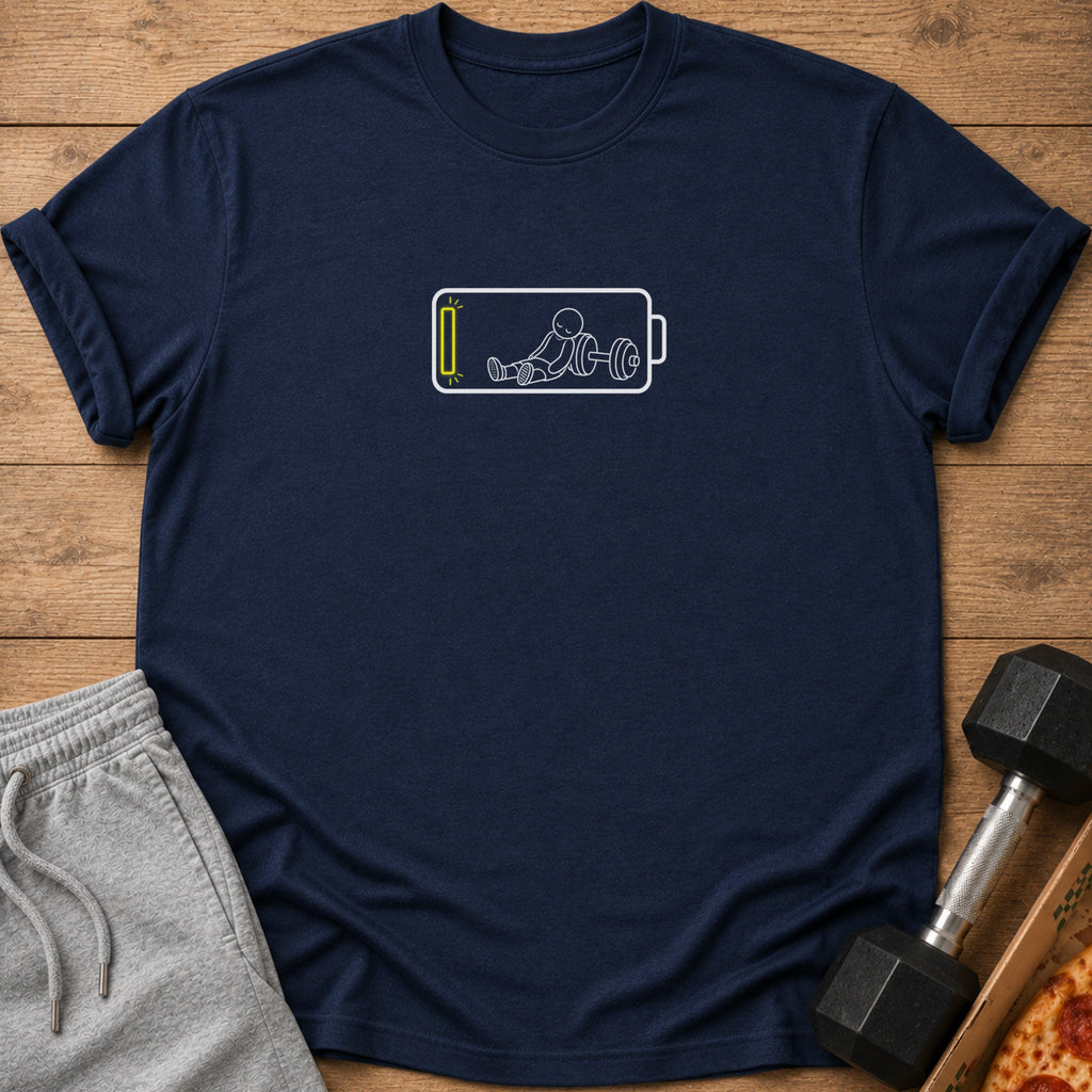 Navy t-shirt with a low battery icon and a stick figure lifting weights.