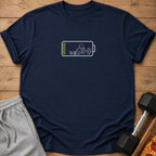 Navy t-shirt with a low battery icon and a stick figure lifting weights.