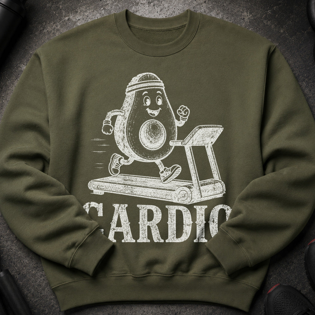 Green sweatshirt with a cartoon avocado running on a treadmill and the word "CARDIO".