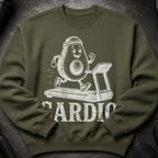 Green sweatshirt with a cartoon avocado running on a treadmill and the word "CARDIO".