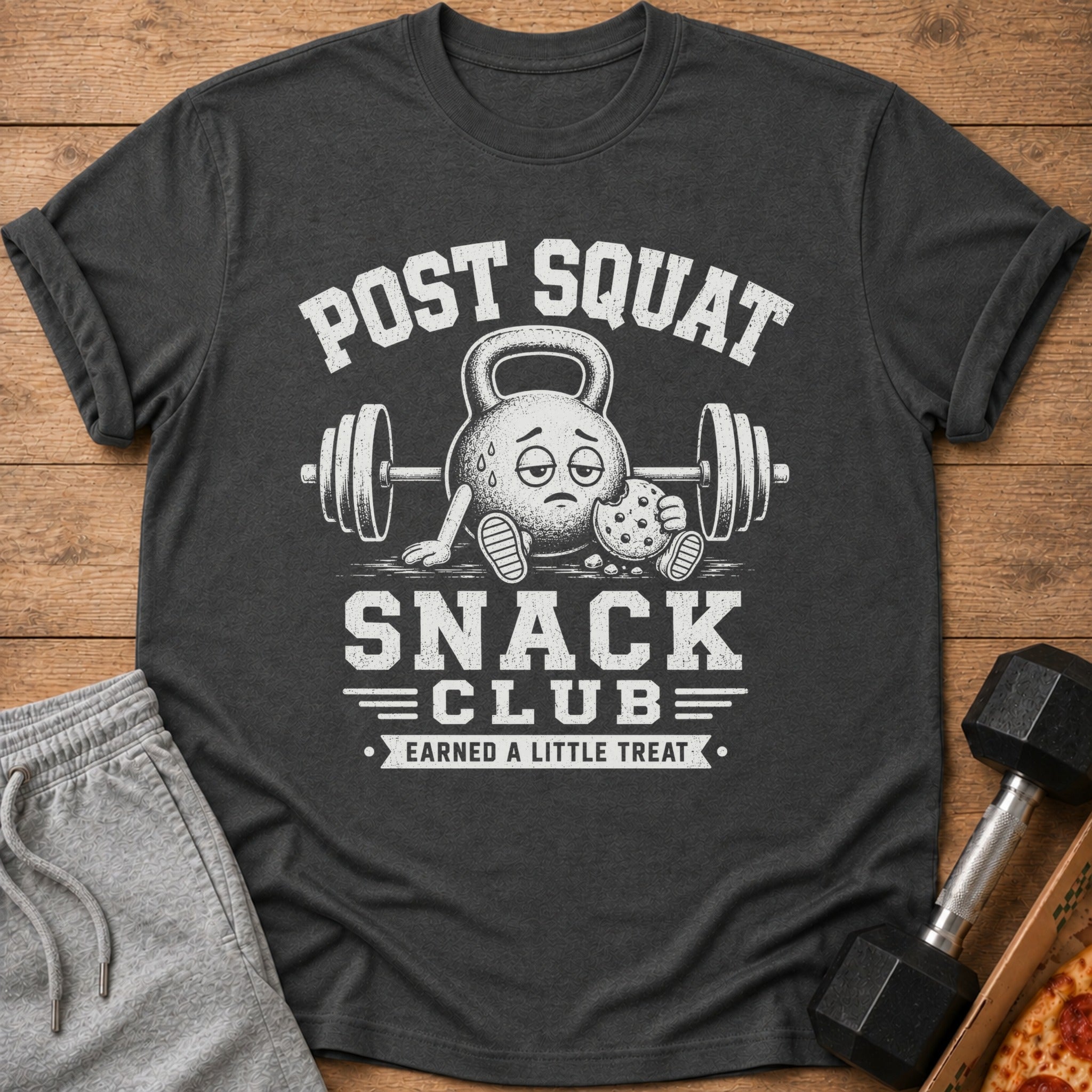 T-shirt with "Post Squat Snack Club" text and a tired kettlebell character holding a cookie.