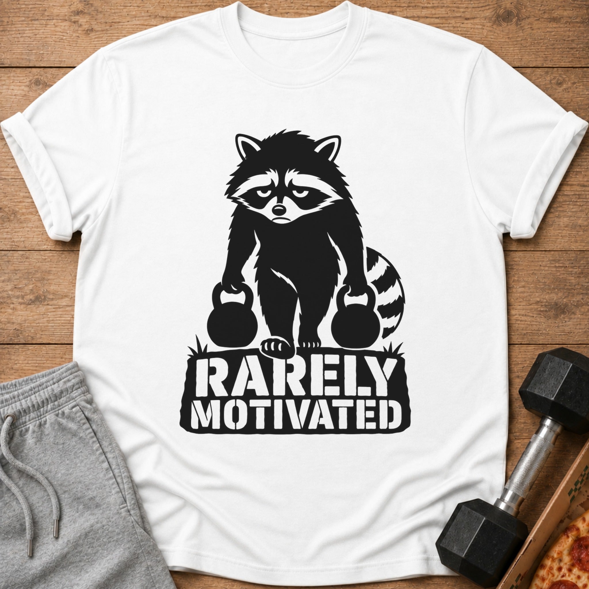 White t-shirt with a black graphic of a raccoon holding weights and text "RARELY MOTIVATED."