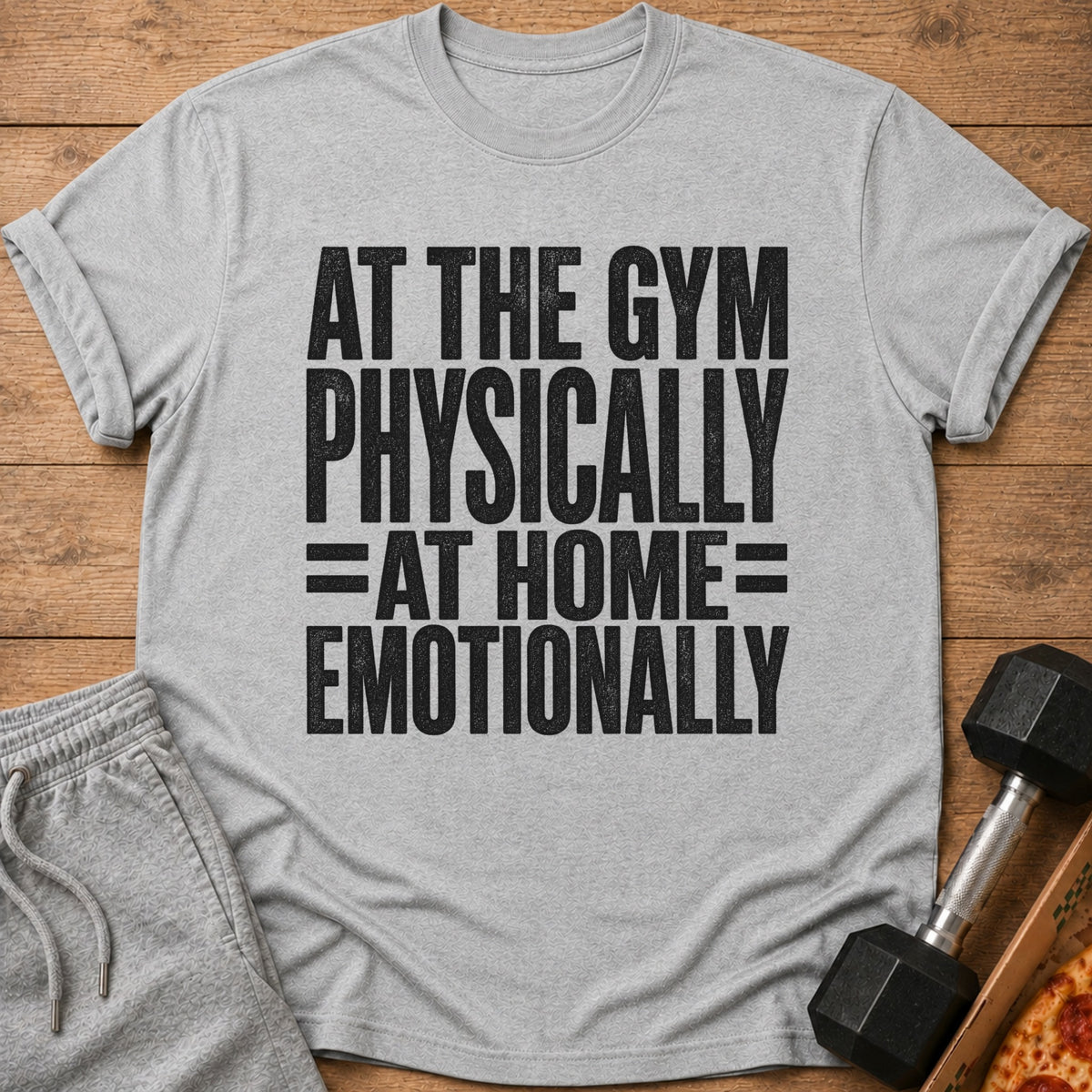 Grey t-shirt with black text: "AT THE GYM PHYSICALLY = AT HOME = EMOTIONALLY".