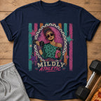 T-shirt with graphic of woman lifting dumbbell and text "MILDLY ATHLETIC".