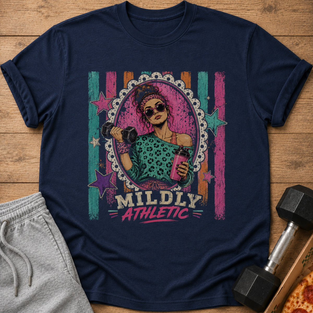 T-shirt with graphic of woman lifting dumbbell and text "MILDLY ATHLETIC".