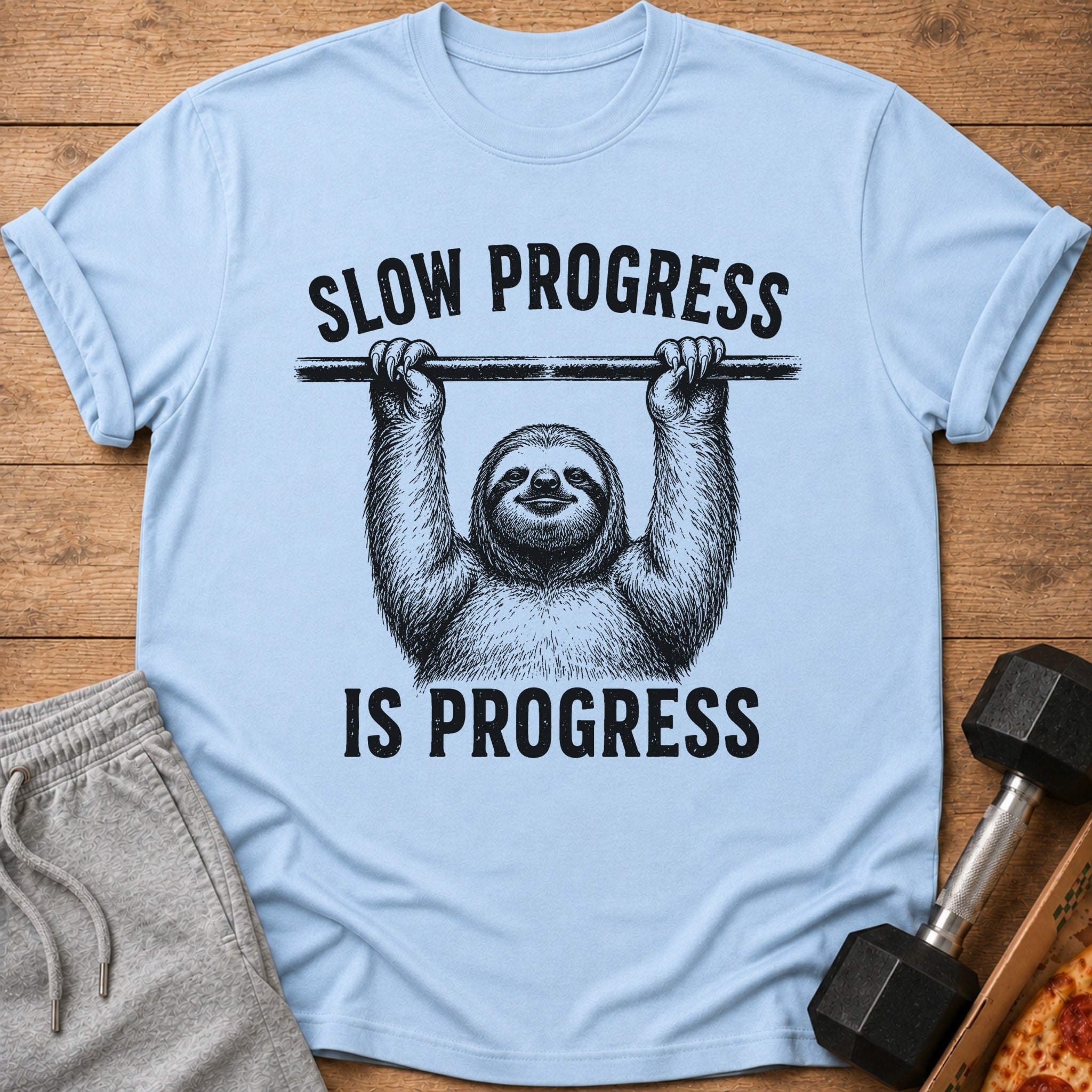 Light blue t-shirt with sloth hanging and text "SLOW PROGRESS IS PROGRESS".