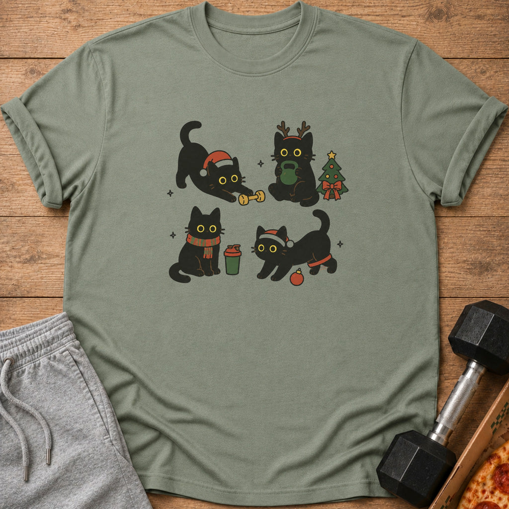 Four cartoon black cats in festive attire exercise and relax with Christmas items.