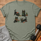 Four cartoon black cats in festive attire exercise and relax with Christmas items.