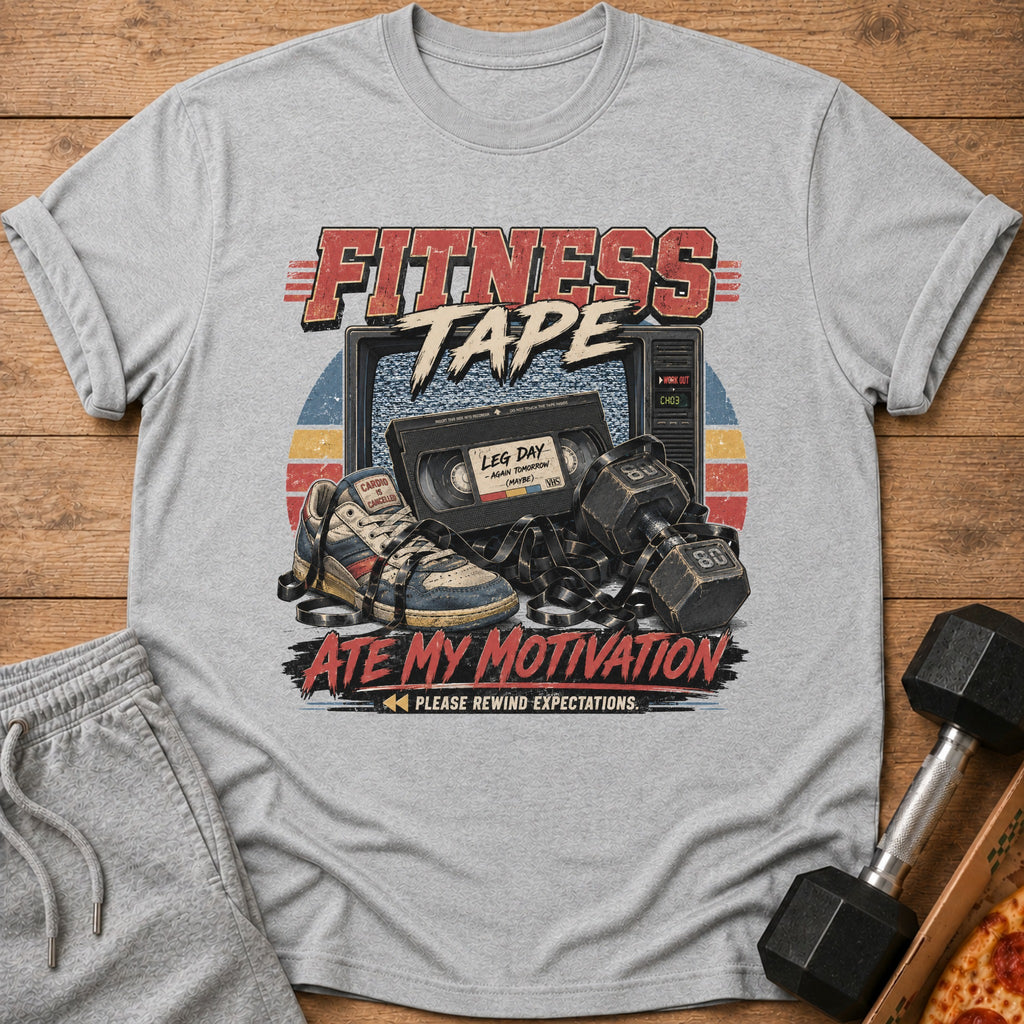 Fitness Tape graphic on grey t-shirt with VHS tape, shoe, and dumbbells.