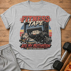 Fitness Tape graphic on grey t-shirt with VHS tape, shoe, and dumbbells.