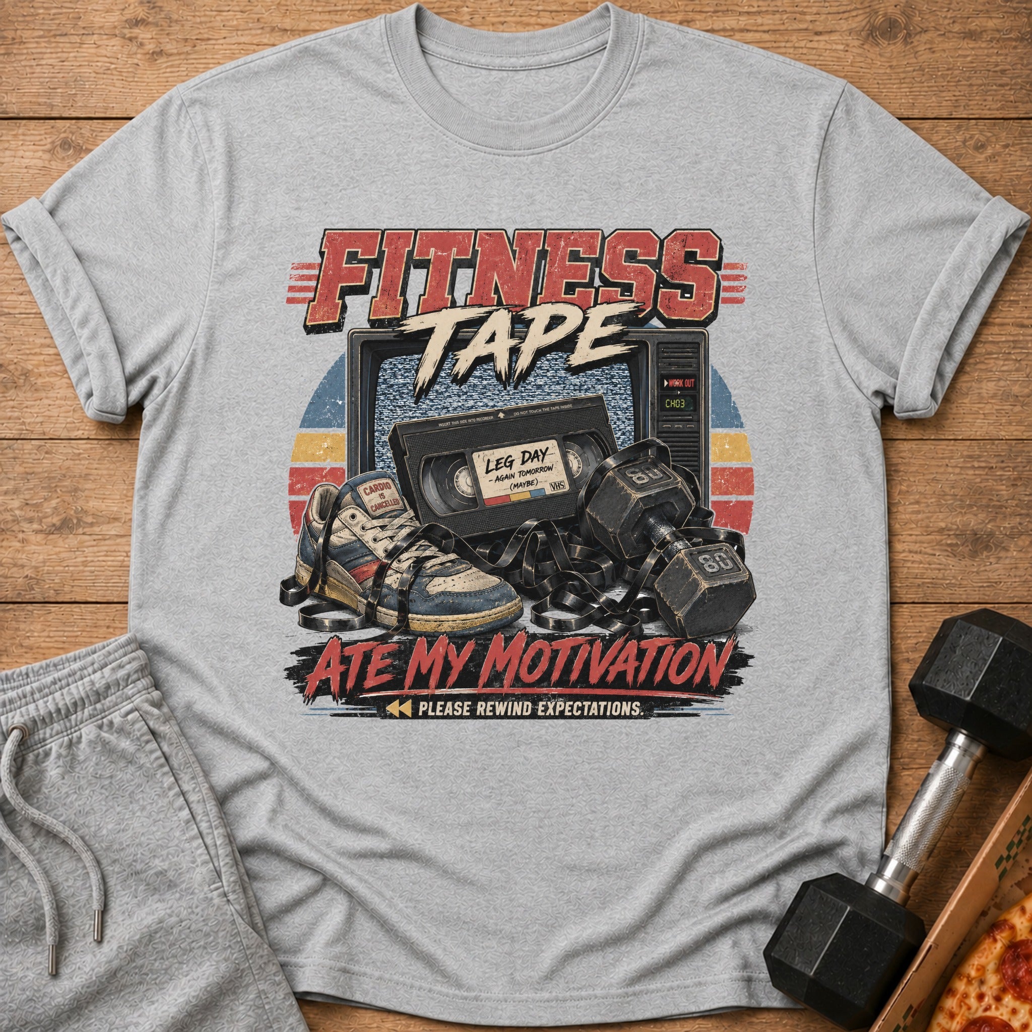 Fitness Tape graphic on grey t-shirt with VHS tape, shoe, and dumbbells.